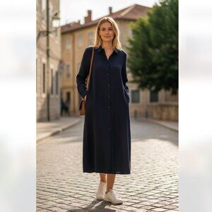 NWT Linen-blend Shirt Dress Navy Dark Blue